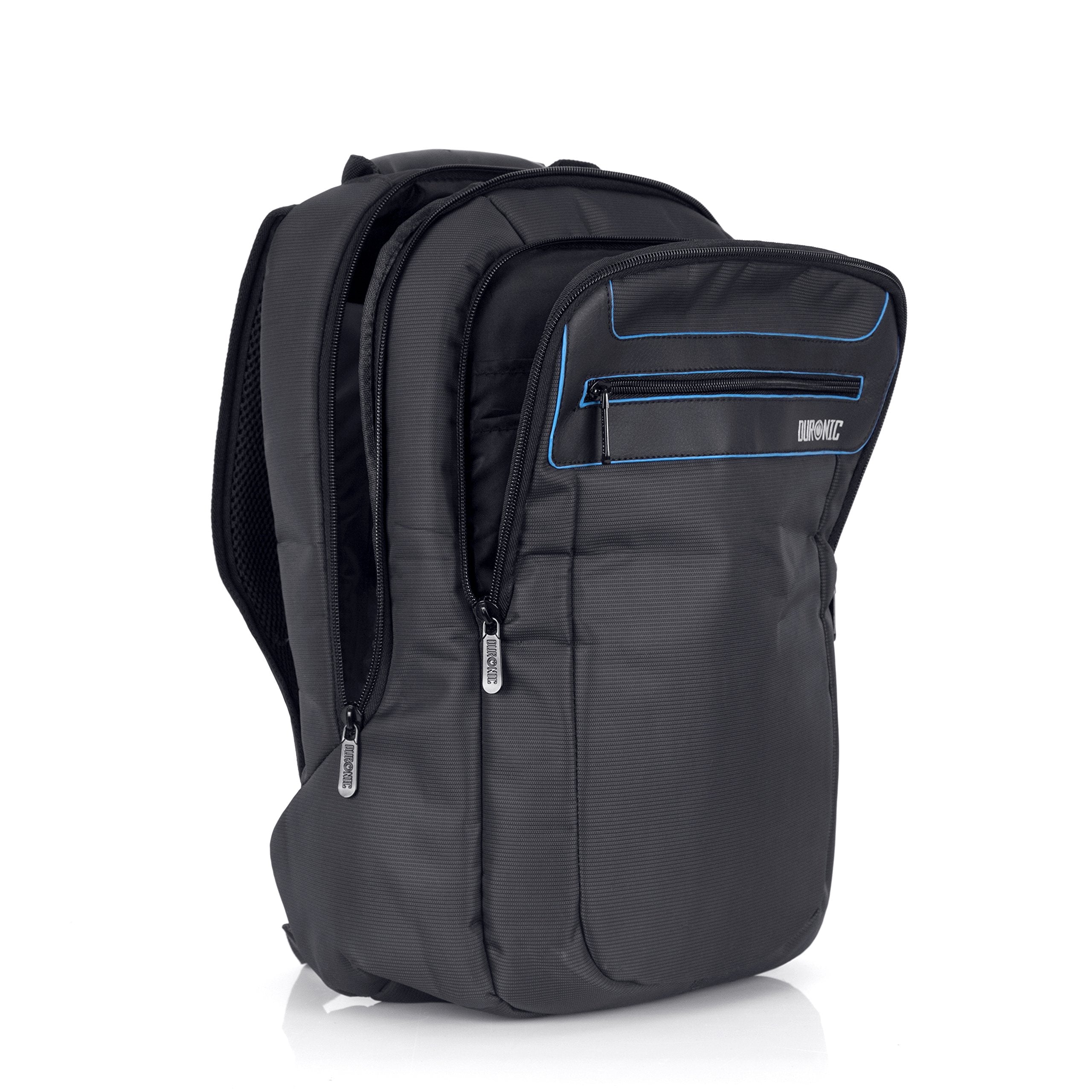Duronic Travel Laptop Backpack featuring multiple zippered compartments and subtle blue trim on front pocket.
