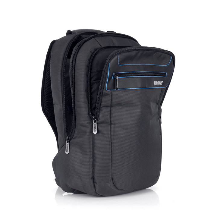Duronic Travel Laptop Backpack featuring multiple zippered compartments and subtle blue trim on front pocket.