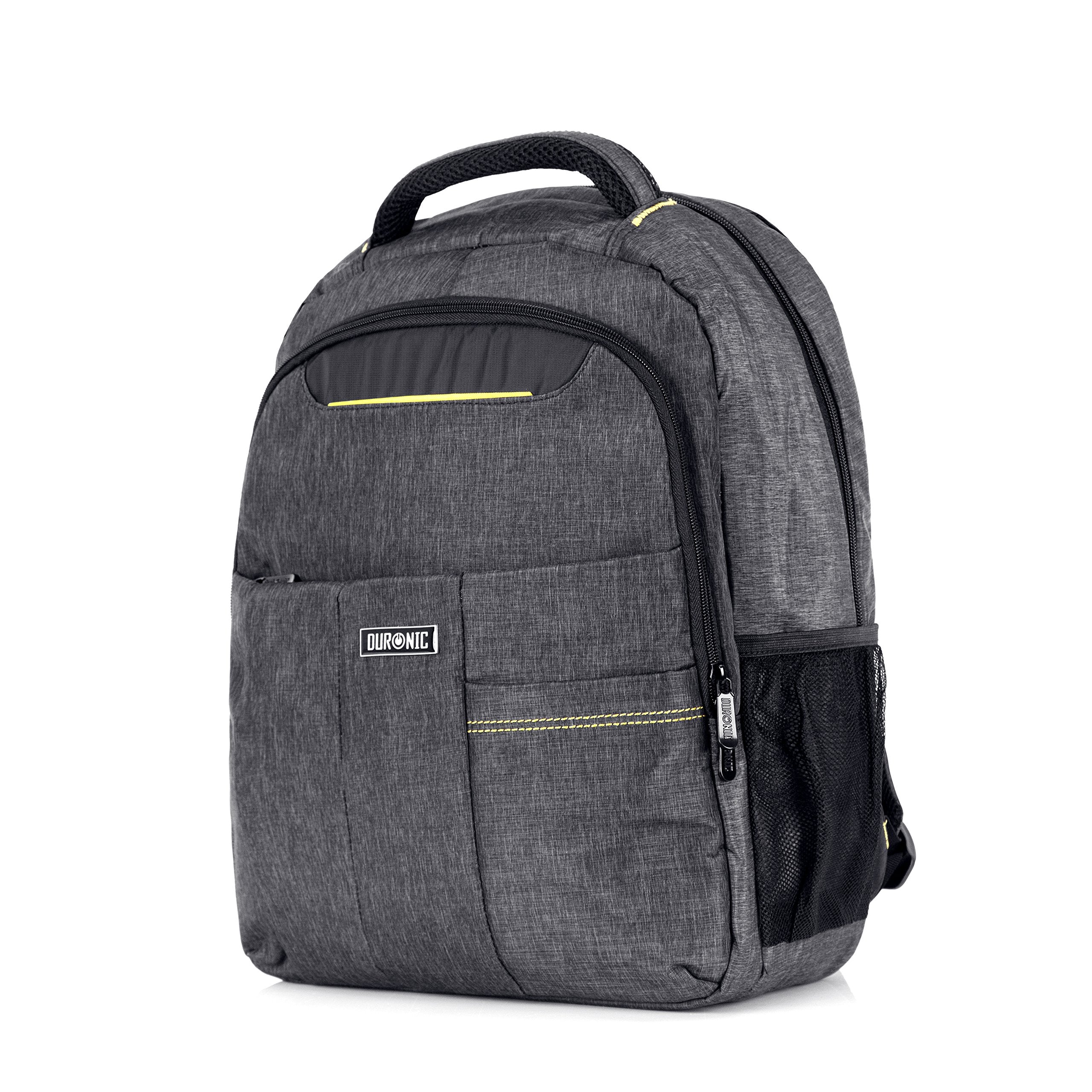 Duronic Travel Laptop Backpack featuring yellow stitched accents, multiple zippers, and side mesh pocket.