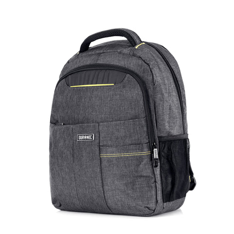 Duronic Travel Laptop Backpack featuring yellow stitched accents, multiple zippers, and side mesh pocket."