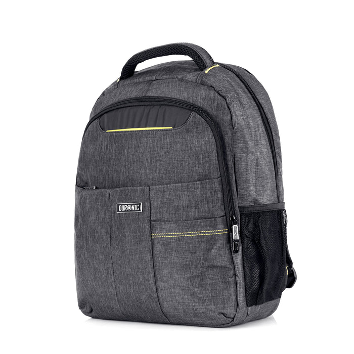 Duronic Travel Laptop Backpack featuring yellow stitched accents, multiple zippers, and side mesh pocket."