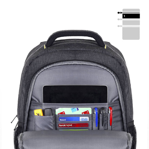 Duronic Travel Laptop Backpack showing a tablet, multiple cards, pens, and small daily essentials.