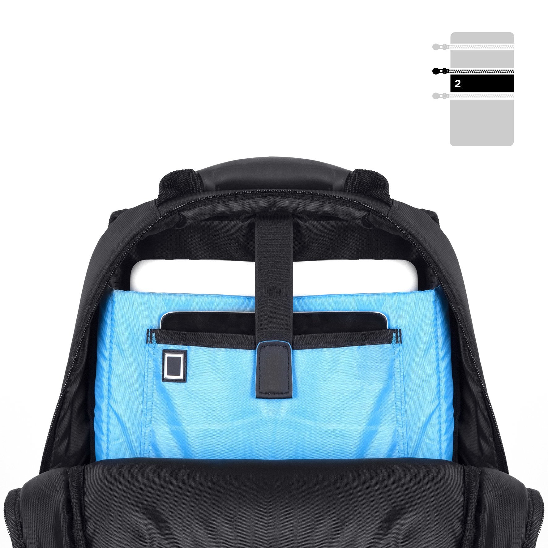 Duronic Travel Laptop Backpack showing bright blue interior with dedicated laptop and tablet storage sleeves.