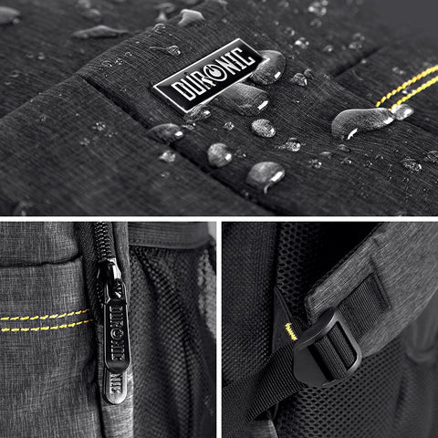 Duronic Travel Laptop Backpack showing fabric water droplets, zipper, and strap.