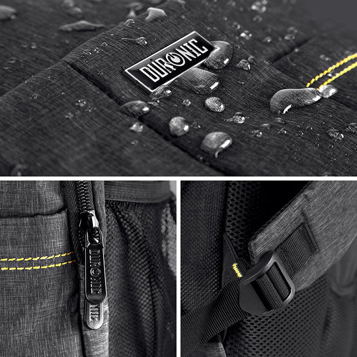 Duronic Travel Laptop Backpack showing fabric water droplets, zipper, and strap.