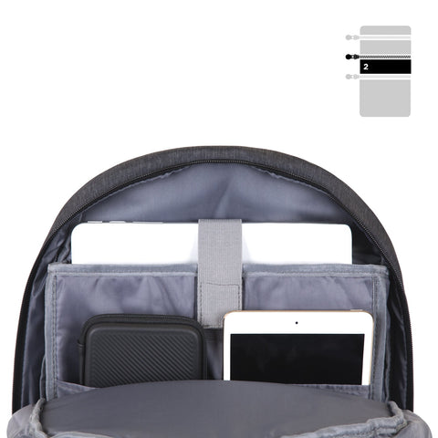 Duronic Travel Laptop Backpack showing organized interior compartments containing a laptop, tablet, and protective accessory case.