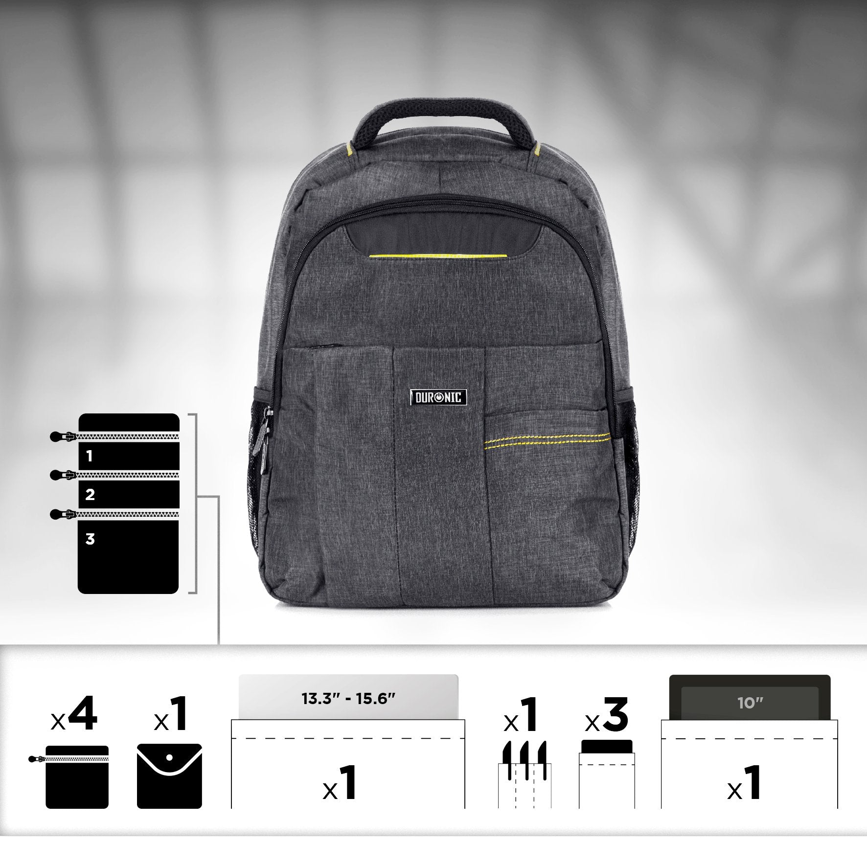 Duronic Travel Laptop Backpack showing storage compartments for laptops up to 15.6 inches.