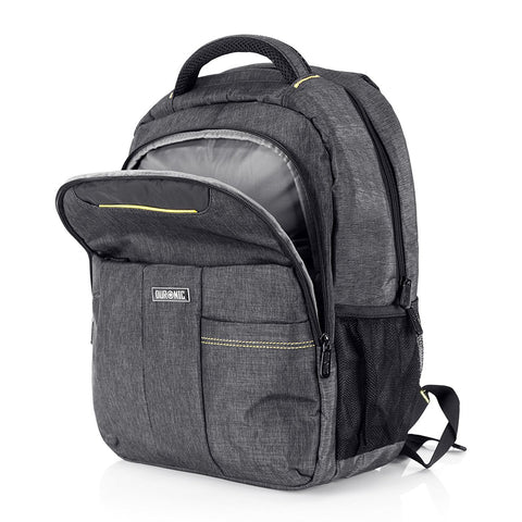 Duronic Travel Laptop Backpack with an open front compartment, yellow accents, and side mesh pocket.