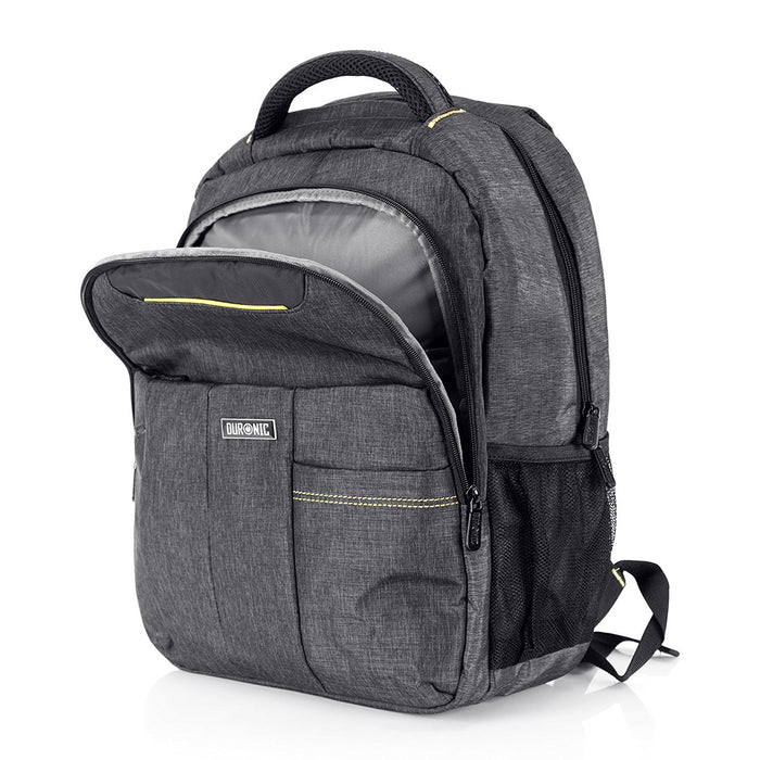Duronic Travel Laptop Backpack with an open front compartment, yellow accents, and side mesh pocket.