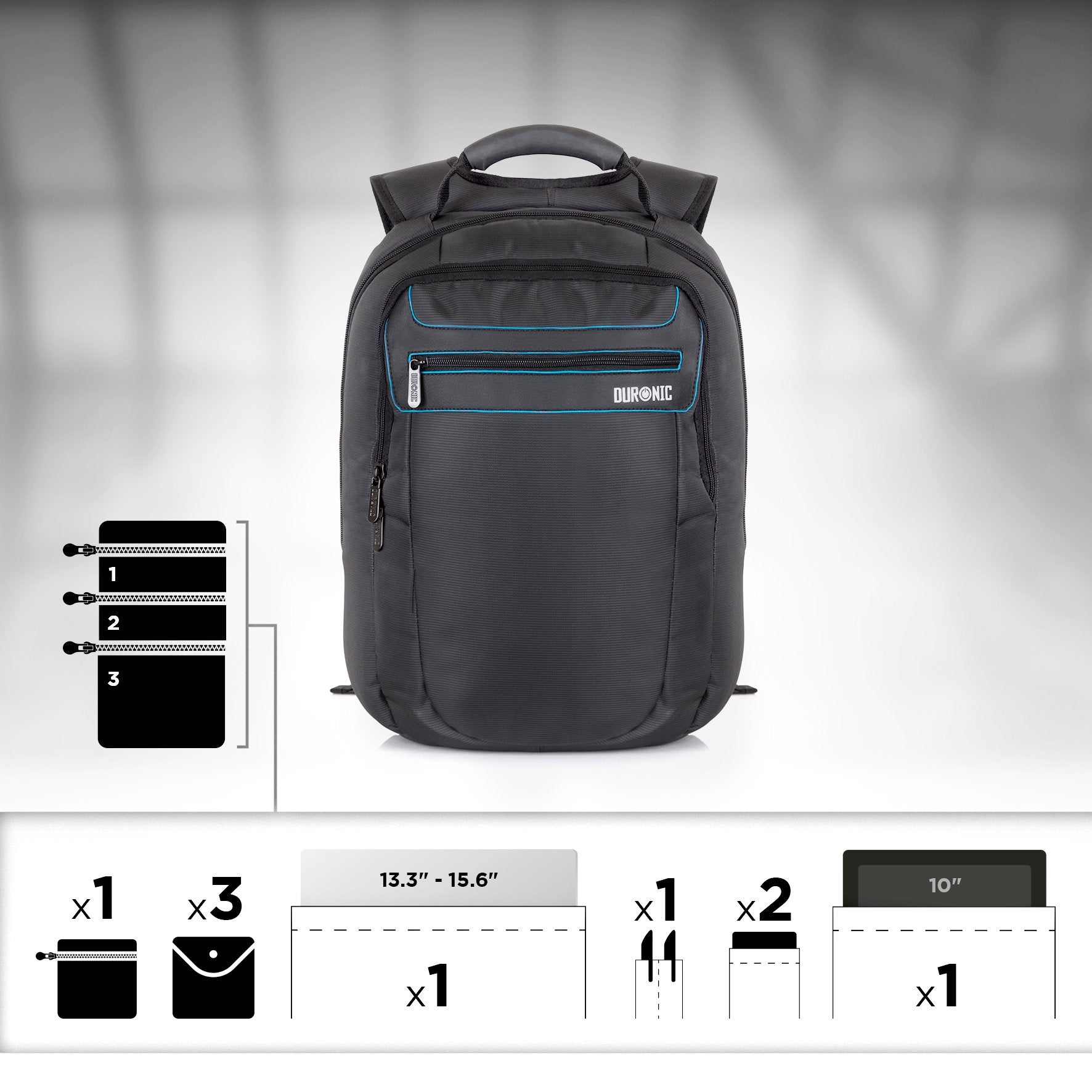 Duronic Travel Laptop Backpack with blue accents, showing multi-compartment capacity icons for storage and organization.