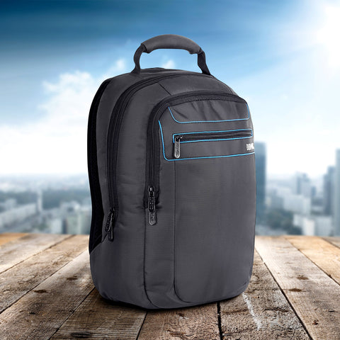 Duronic Travel Laptop Backpack with blue trim and multiple zipper compartments on a wooden table.