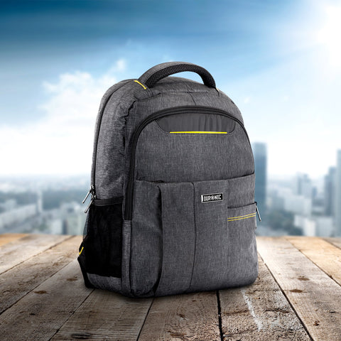 Duronic Travel Laptop Backpack with yellow accents on a wooden table, featuring a city skyline background.