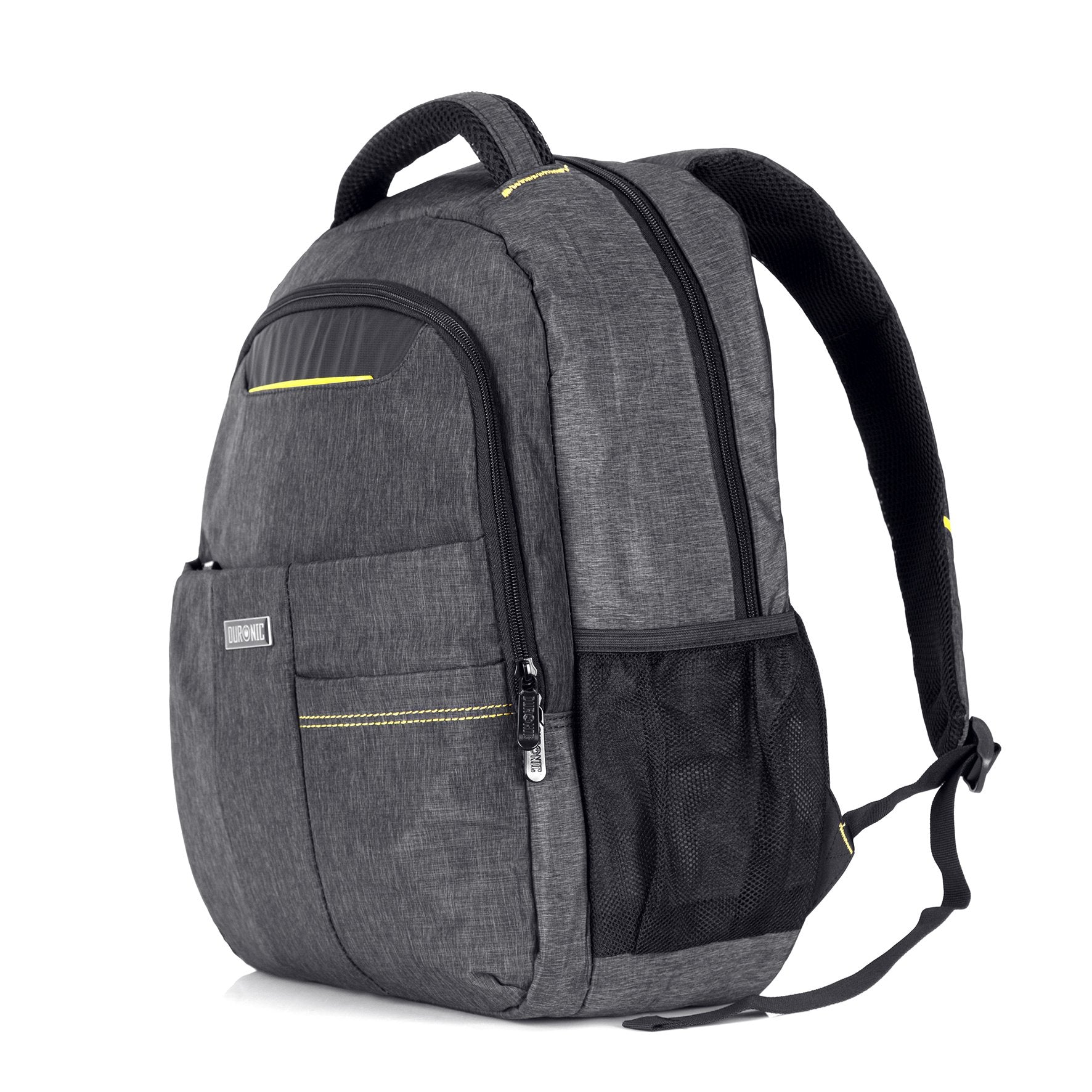 Duronic Travel Laptop Backpack with yellow stitching details, multiple zippered compartments, and mesh side pocket.