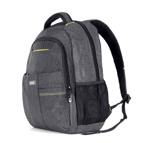 Duronic Travel Laptop Backpack with yellow stitching details, multiple zippered compartments, and mesh side pocket.