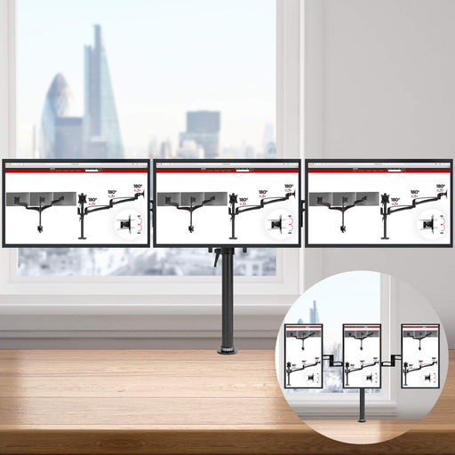 Duronic Triple Monitor Arm Stand showing three landscape screens on a wooden desk with vertical orientation inset.