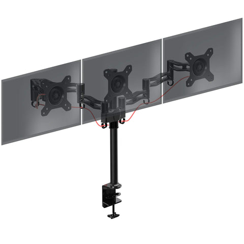 Duronic Triple Monitor Arm Stand with articulated arms supporting three computer screens for productivity.