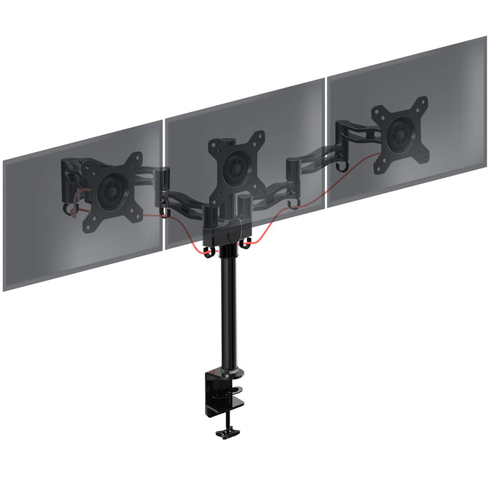 Duronic Triple Monitor Arm Stand with articulated arms supporting three computer screens for productivity.