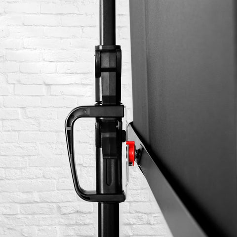 Duronic Tripod Projector Screen Close-up of a black tripod stand locking handle and red knob on a projector screen