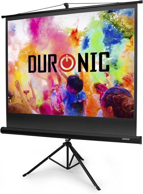 Duronic Tripod Projector Screen displaying a vibrant, colorful image of a crowd celebrating together.