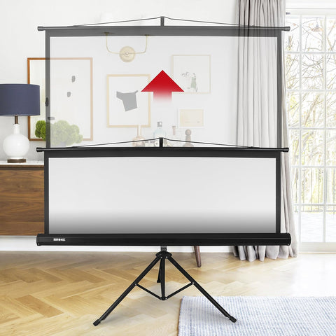 Duronic Tripod Projector Screen on a tripod stand extending upwards in a modern living room setting.