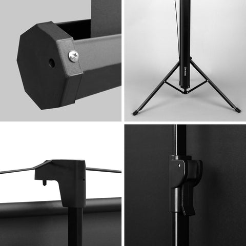 Duronic Tripod Projector Screen showing the durable hardware, tripod stand, and adjustment clips of a projector screen.