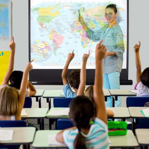 Duronic Tripod Projector Screen with a teacher points at a world map while students raise hands.