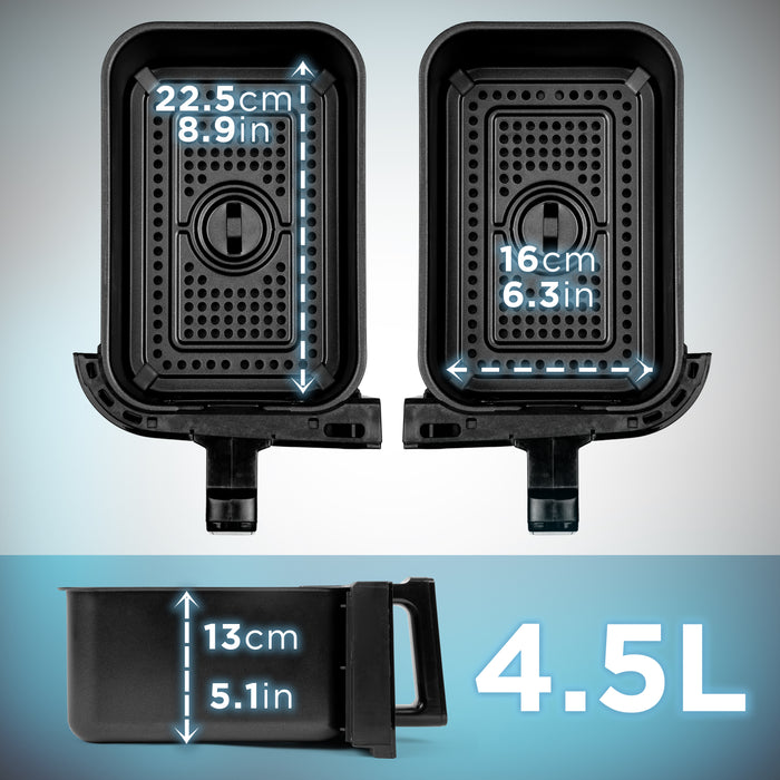 Duronic Twin Drawers AFD2 BK Top and side views of 4.5L air fryer basket with dimensions showing a length of 22.5cm (8.9in), a width of 16cm (6.3in), and a depth of 13cm (5.1in).