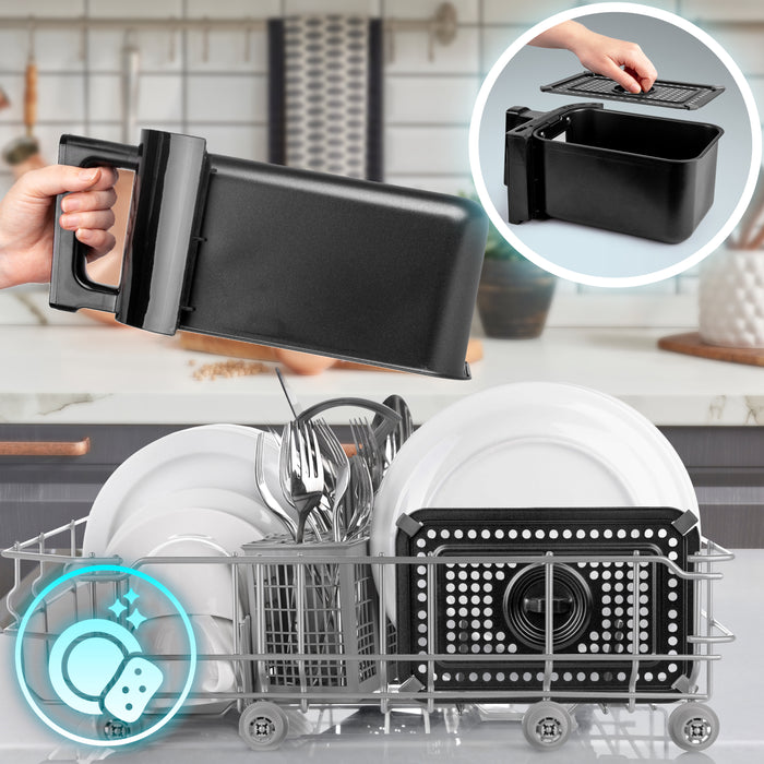 Duronic Twin Drawers AFD2 BK basket and removable crisping tray, shown both in use and conveniently placed in a dishwasher rack for easy cleaning.