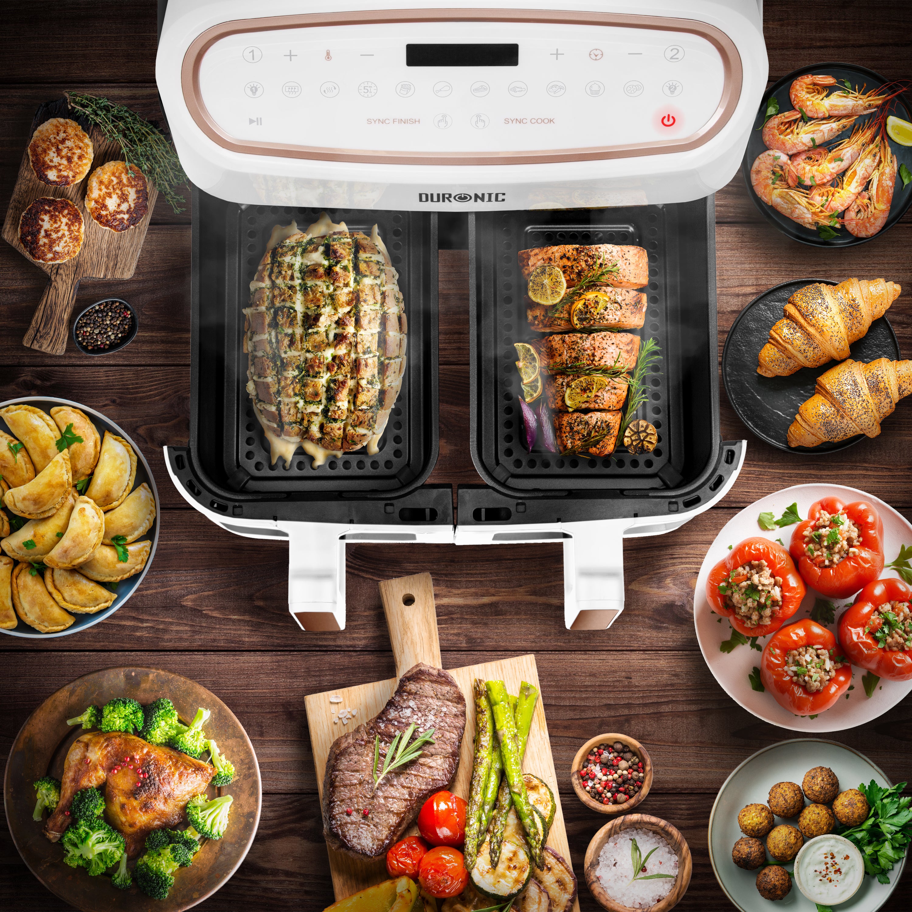 Duronic Twin Drawers showing the drawers in use and cooked food