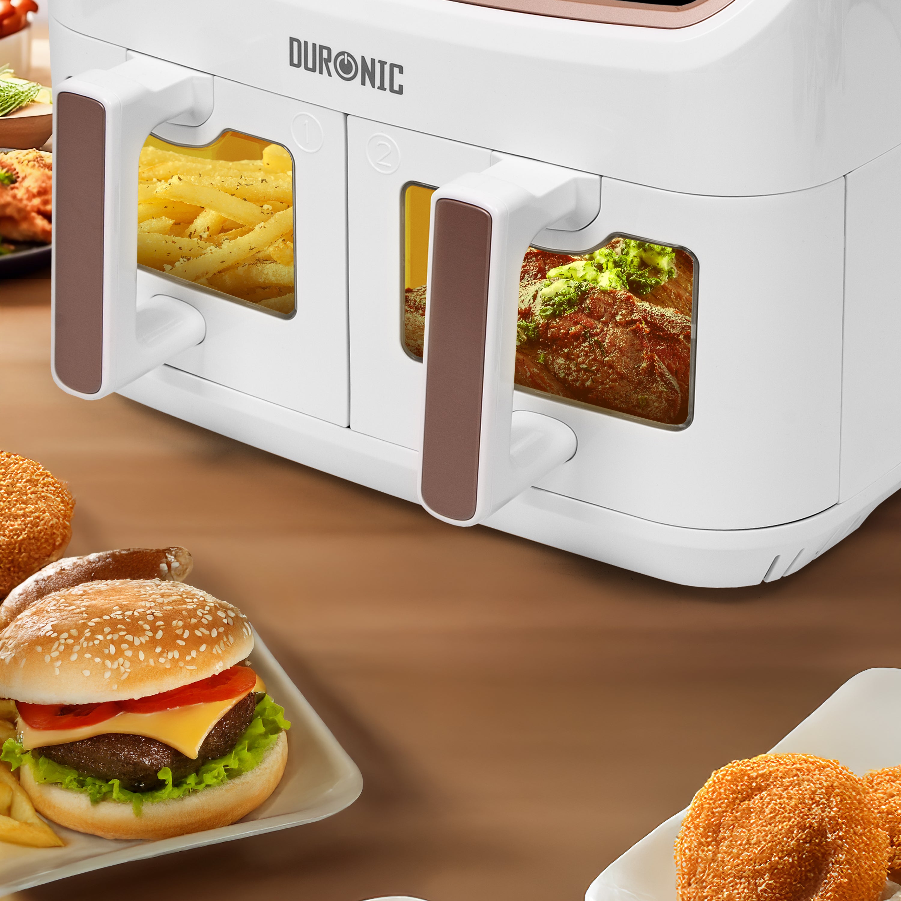 Duronic Twin Drawers with viewing windows showing French fries and meat