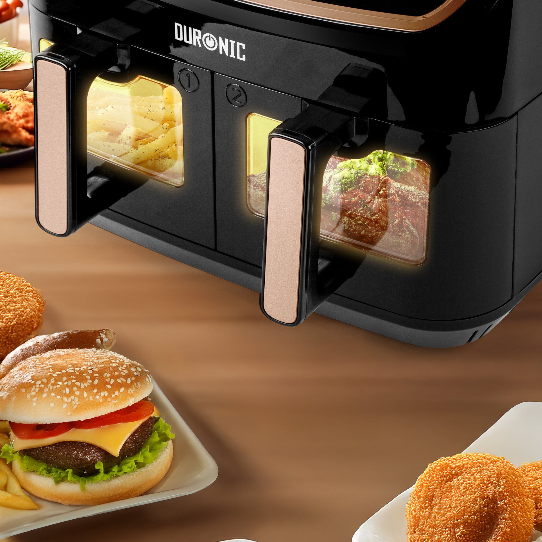 Duronic Twin Drawers with viewing windows showing fries and meat
