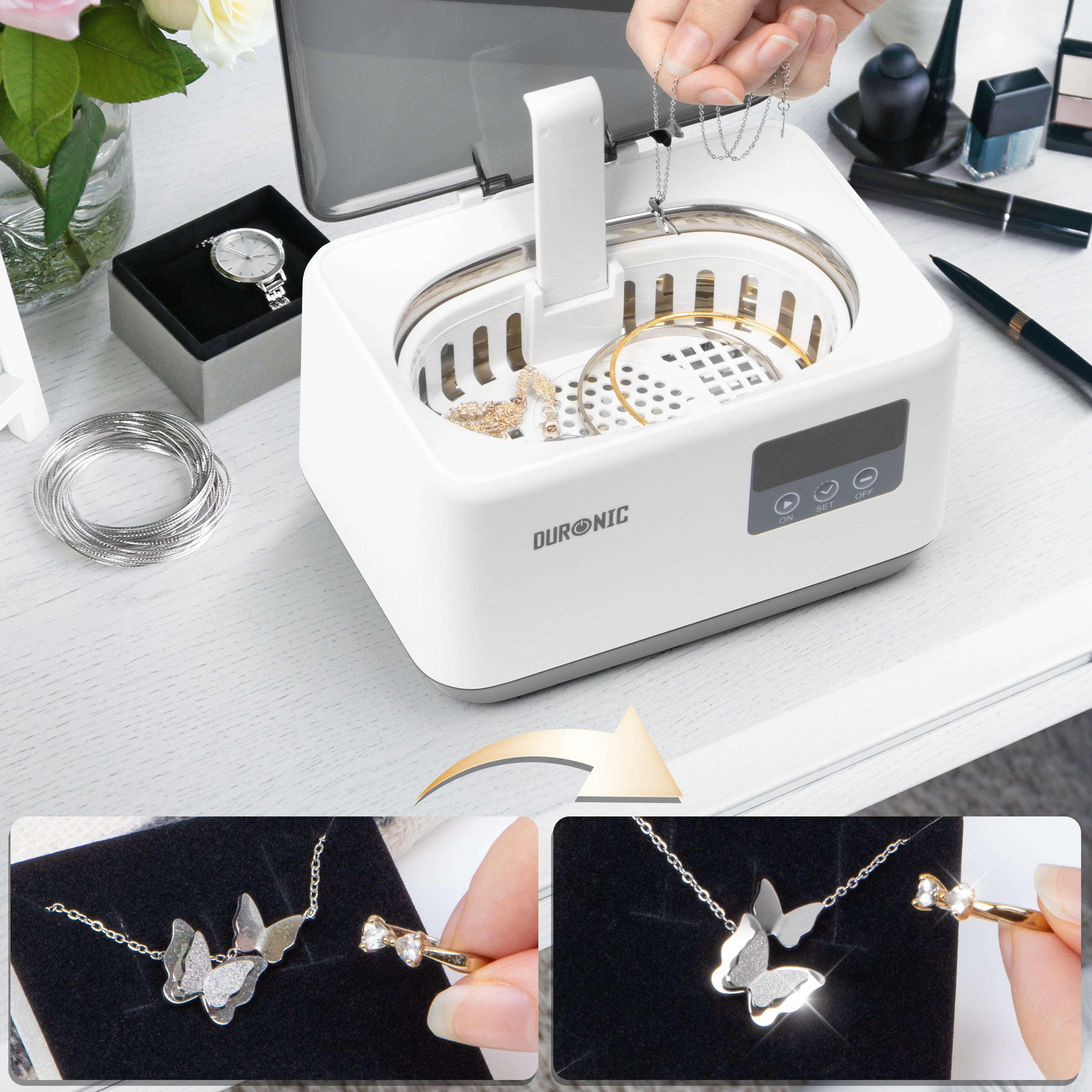 Duronic Ultrasonic Cleaner showing jewelries before and after use of the item