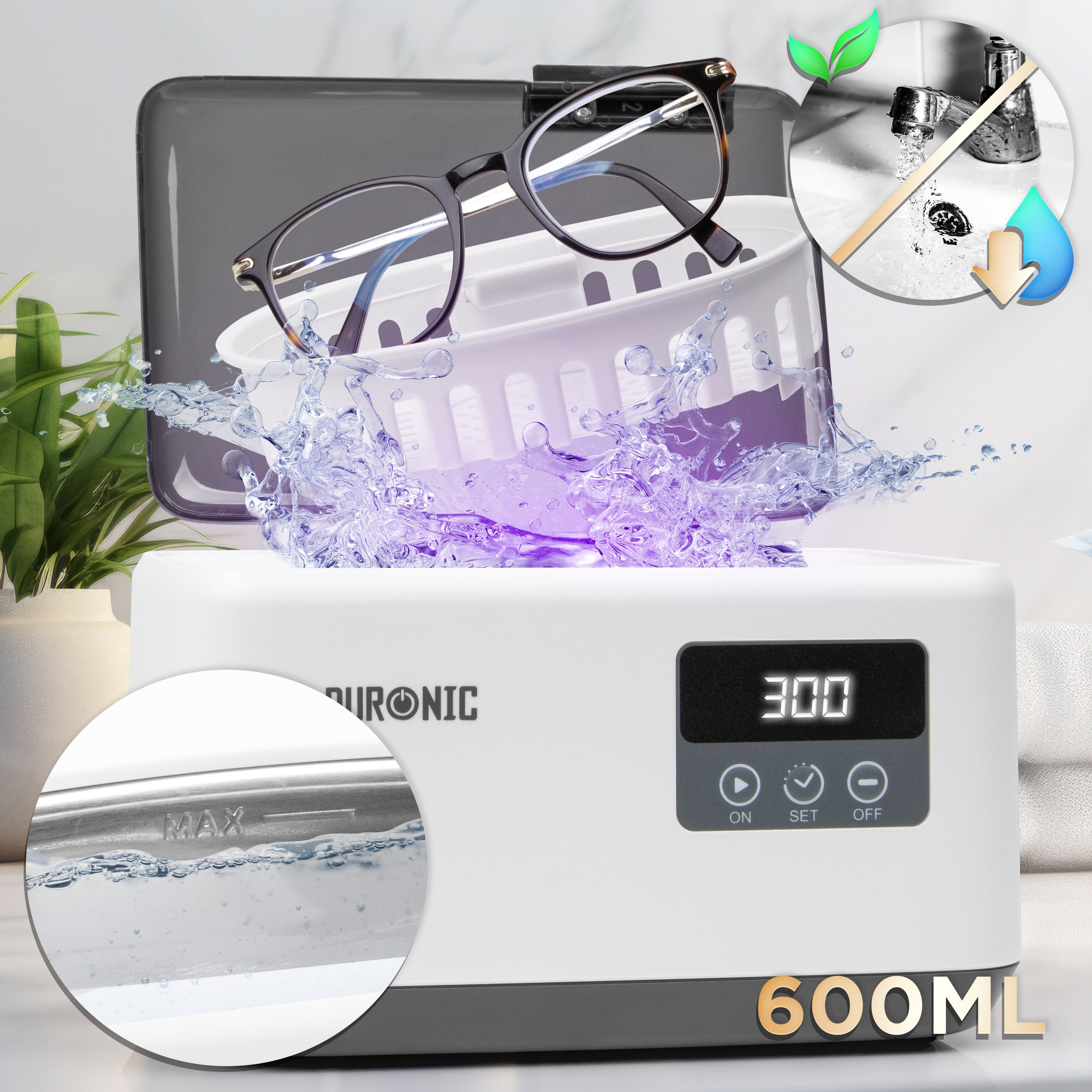 Duronic Ultrasonic Cleaner with a digital timer and removable basket is shown cleaning a pair of eyeglasses using vibrating water.