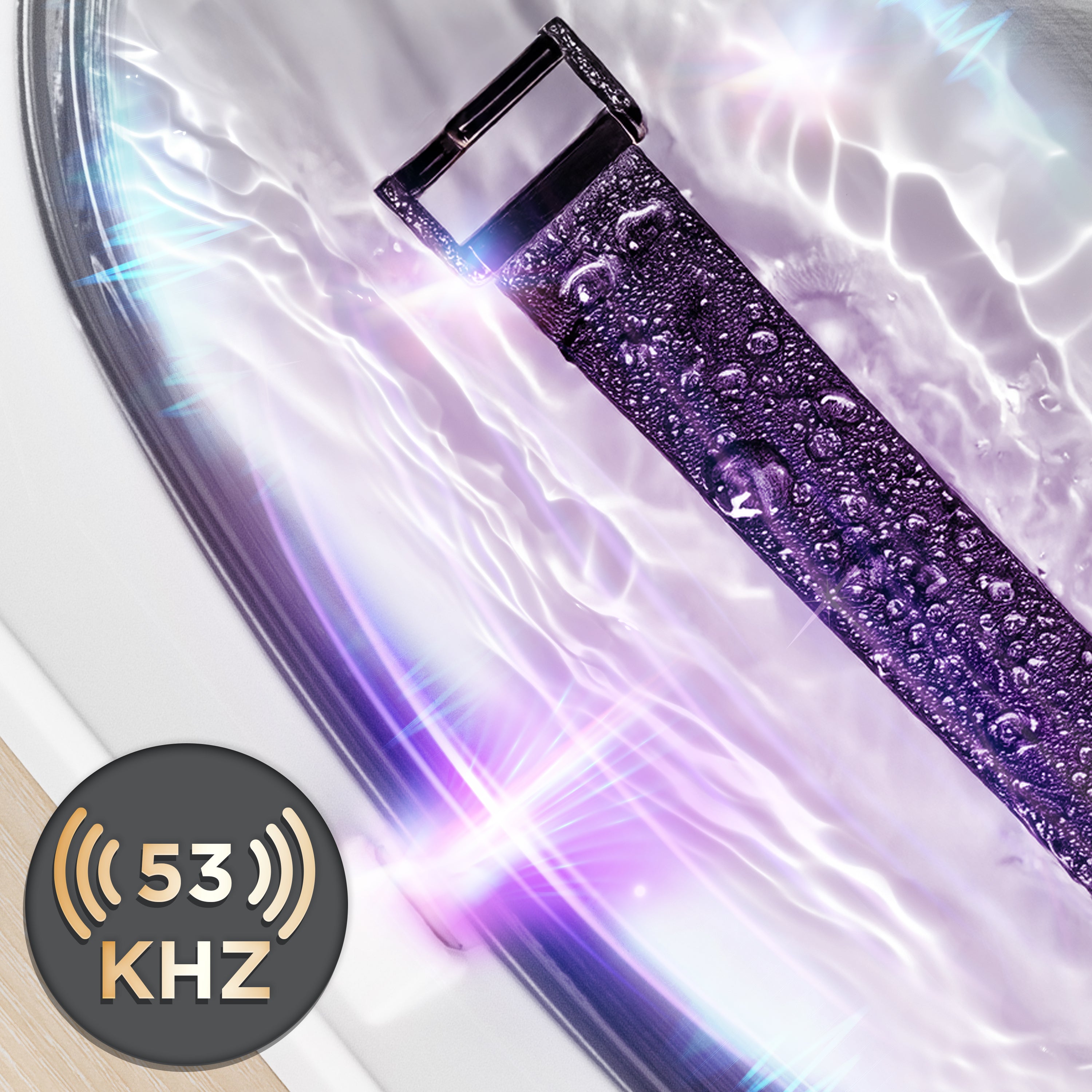 Duronic Ultrasonic Cleaner with watch strap being cleaned in an ultrasonic cleaner with visible water ripples and a 53 kHz frequency icon.