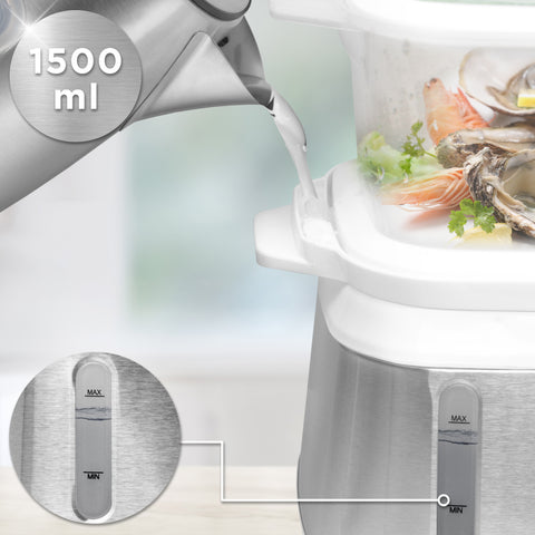 Duronic WE White Electric Food Steamer featuring an external water level indicator window.