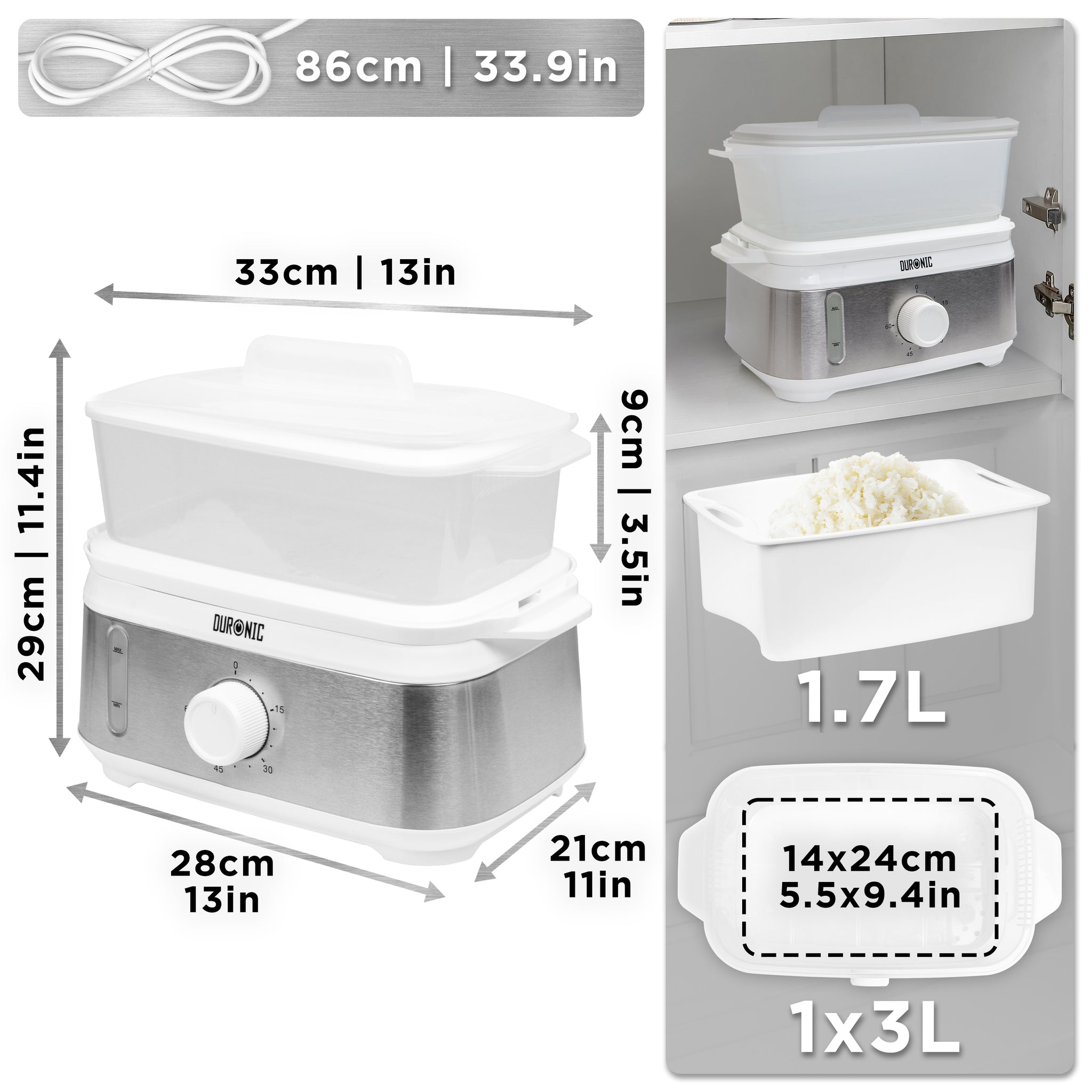 Duronic WE White Electric Food Steamer showing unit measurements, power cord length, and 1.7L rice bowl.