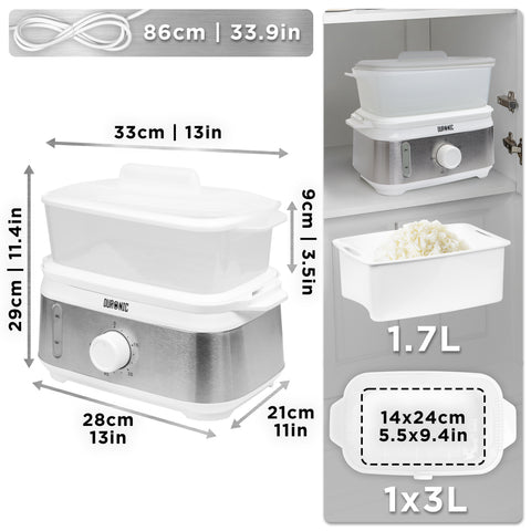 Duronic WE White Electric Food Steamer showing unit measurements, power cord length, and 1.7L rice bowl.