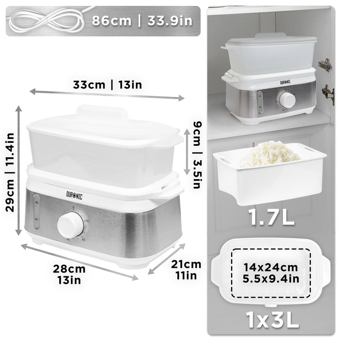 Duronic WE White Electric Food Steamer showing unit measurements, power cord length, and 1.7L rice bowl.