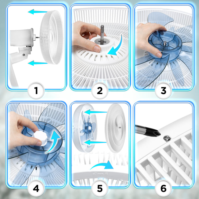 Duronic Wall Mounted Fan showing how to assemble a white electric pedestal fan.