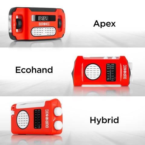 Duronic Wind Up Solar Powered Flashlight Radio Apex Compact Comparison of three red Duronic portable wind up radio models: the Apex, Ecohand, and Hybrid.