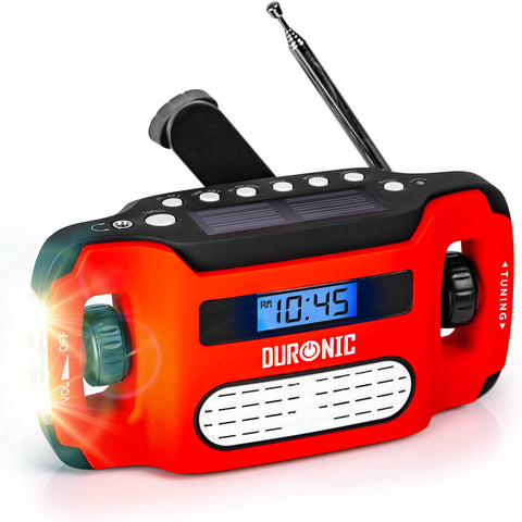 Duronic Wind Up Solar Powered Flashlight Radio Apex featuring a digital clock, bright flashlight, antenna, and hand crank.