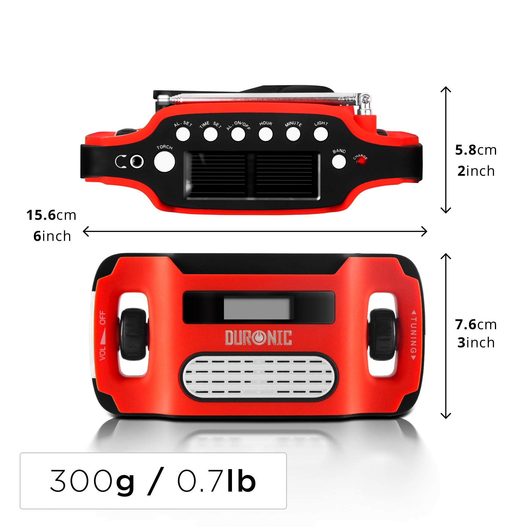 Duronic Wind Up Solar Powered Flashlight Radio Apex showing top and front views with product dimensions and weight.
