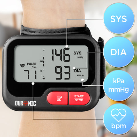 Duronic Wrist Blood Pressure Monitors displaying systolic, diastolic, and pulse readings on a digital screen.