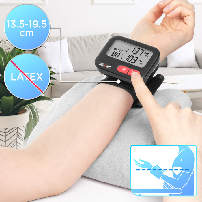 Duronic Wrist Blood Pressure Monitors featuring a latex free cuff and clear LCD screen.