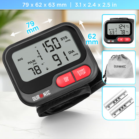 Duronic Wrist Blood Pressure Monitors showing product dimensions, included storage pouch, and batteries.