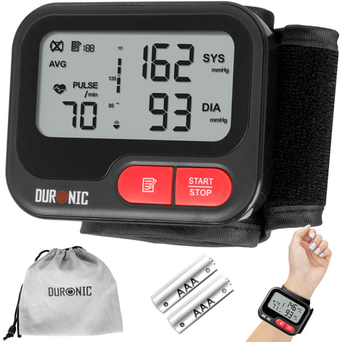 Duronic Wrist Blood Pressure Monitors showing readings, with carrying pouch and AAA batteries included.