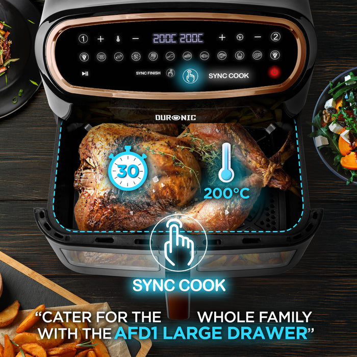 Duronic XXL Digital Air Fryer AF14 featuring a large drawer containing a whole roasted chicken