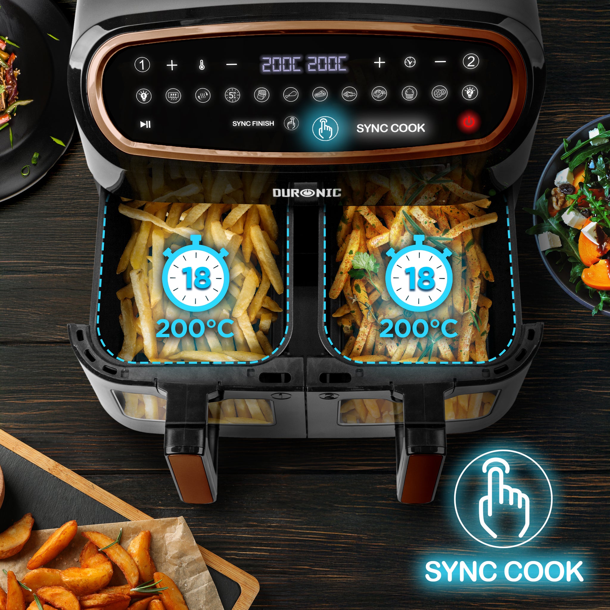 Duronic XXL Digital Air Fryer showing two drawers sync cook