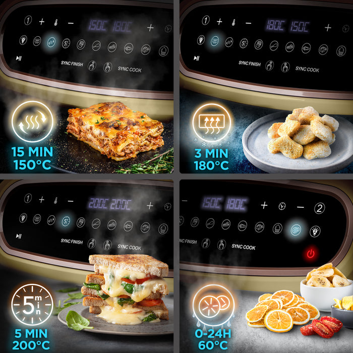 Duronic XXL Triple Drawer Air Fryer displaying cooking settings for lasagna, nuggets, sandwich, and dried fruit.