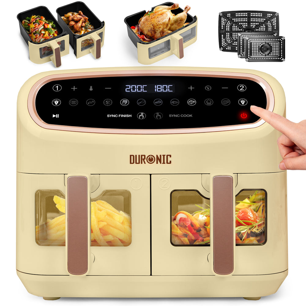 Duronic XXL Triple Drawer Air Fryer featuring digital touchscreen panel, viewing windows, and crisper trays.